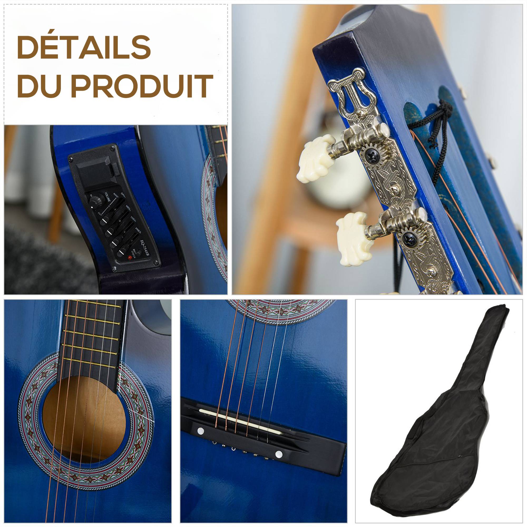 Pack guitare électrique kit guitare électrique avec sac, sangle, corde, médiators, câble, 96,5x35,8x8,5cm, bleu et noir - Image 8