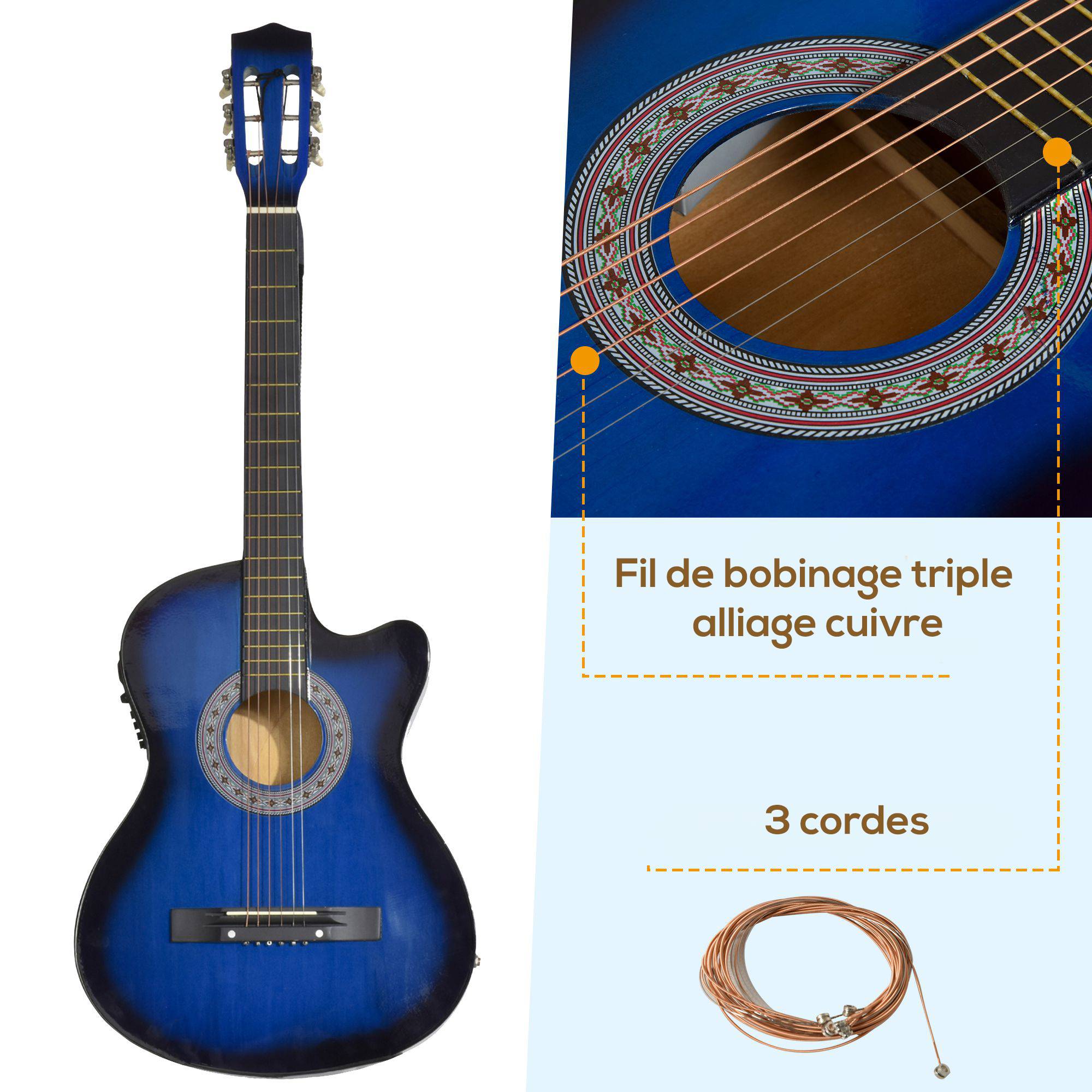 Pack guitare électrique kit guitare électrique avec sac, sangle, corde, médiators, câble, 96,5x35,8x8,5cm, bleu et noir - Image 6