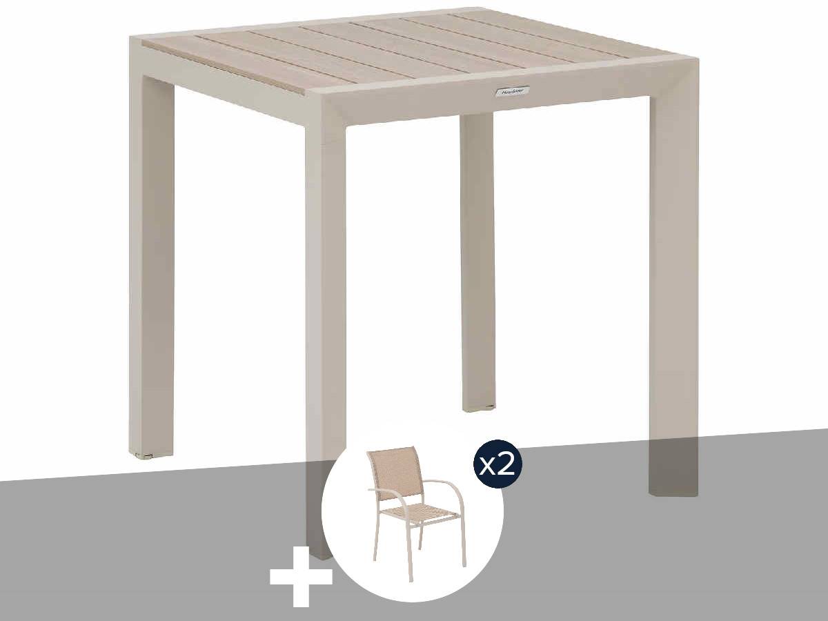 Hesperide - Table de jardin carrée alu Evasion 2 places effet bois Lin et argile + 2 fauteuils Piazza - Hespéride - Image 1