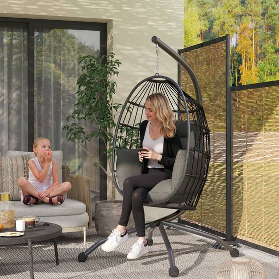 Fauteuil oeuf suspendu acier jardin panier pliable porte-gobelet 120x192cm gris - ComfortXL Outdoor Living - Image 3