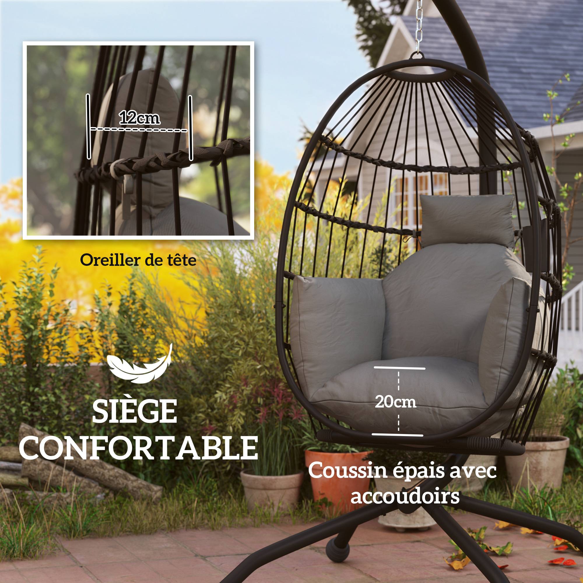 Fauteuil oeuf suspendu acier jardin panier pliable porte-gobelet 120x192cm gris - ComfortXL Outdoor Living - Image 6
