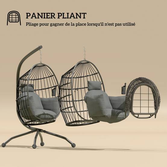 Fauteuil oeuf suspendu acier jardin panier pliable porte-gobelet 120x192cm gris - ComfortXL Outdoor Living - Image 7
