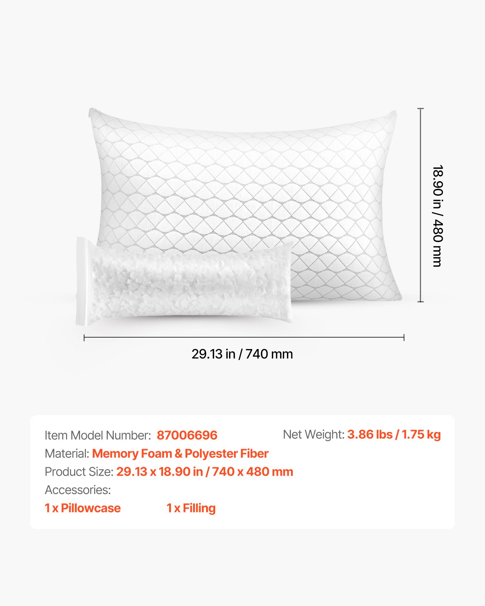 VEVOR Oreiller Mousse à Mémoire de Forme 74 x 48 cm avec Housse Fibre Naturelle - Image 7