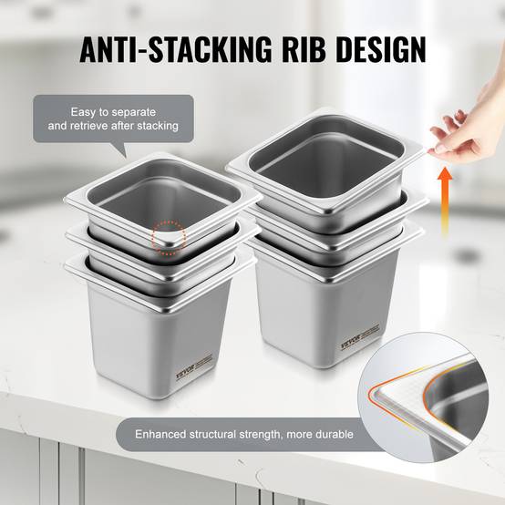VEVOR Bac Gastronorme GN 1/6 lot de 6, inox 0.8mm, profondeur 16 cm, pour fours et réfrigérateurs. - Image 4