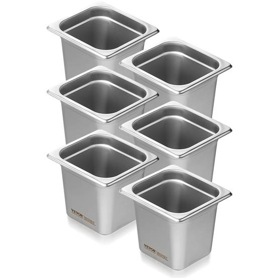 VEVOR Bac Gastronorme GN 1/6 lot de 6, inox 0.8mm, profondeur 16 cm, pour fours et réfrigérateurs. - Image 1