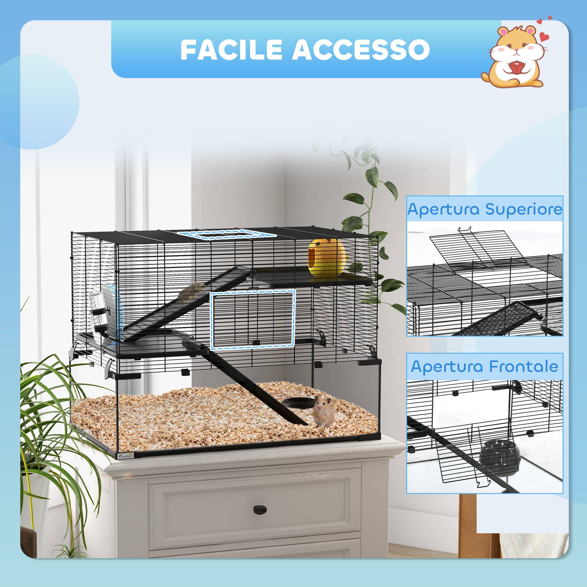 Cage hamster nain acier verre trempé 3 niveaux accessoires 76x48x54cm Noir - ComfortXL Outdoor Living - Image 9