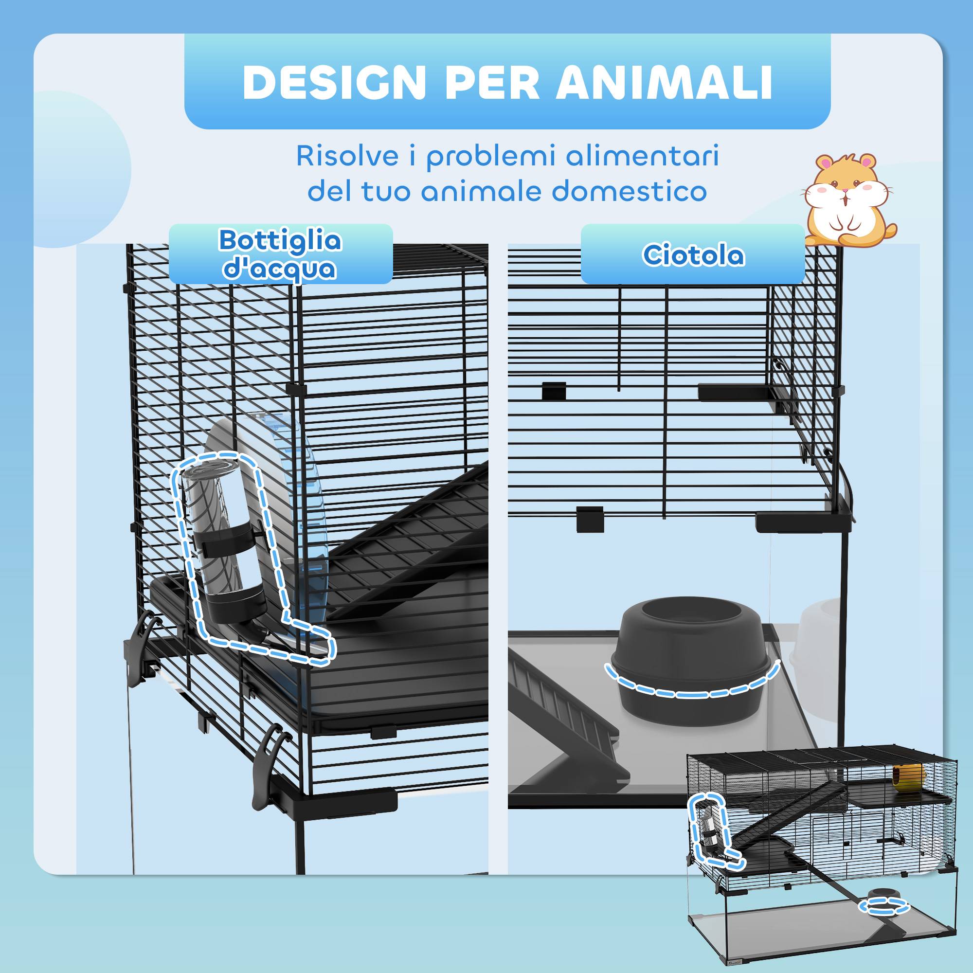 Cage hamster nain acier verre trempé 3 niveaux accessoires 76x48x54cm Noir - ComfortXL Outdoor Living - Image 7
