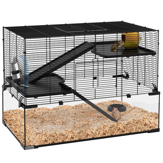 Cage hamster nain acier verre trempé 3 niveaux accessoires 76x48x54cm Noir - ComfortXL Outdoor Living - Image 1