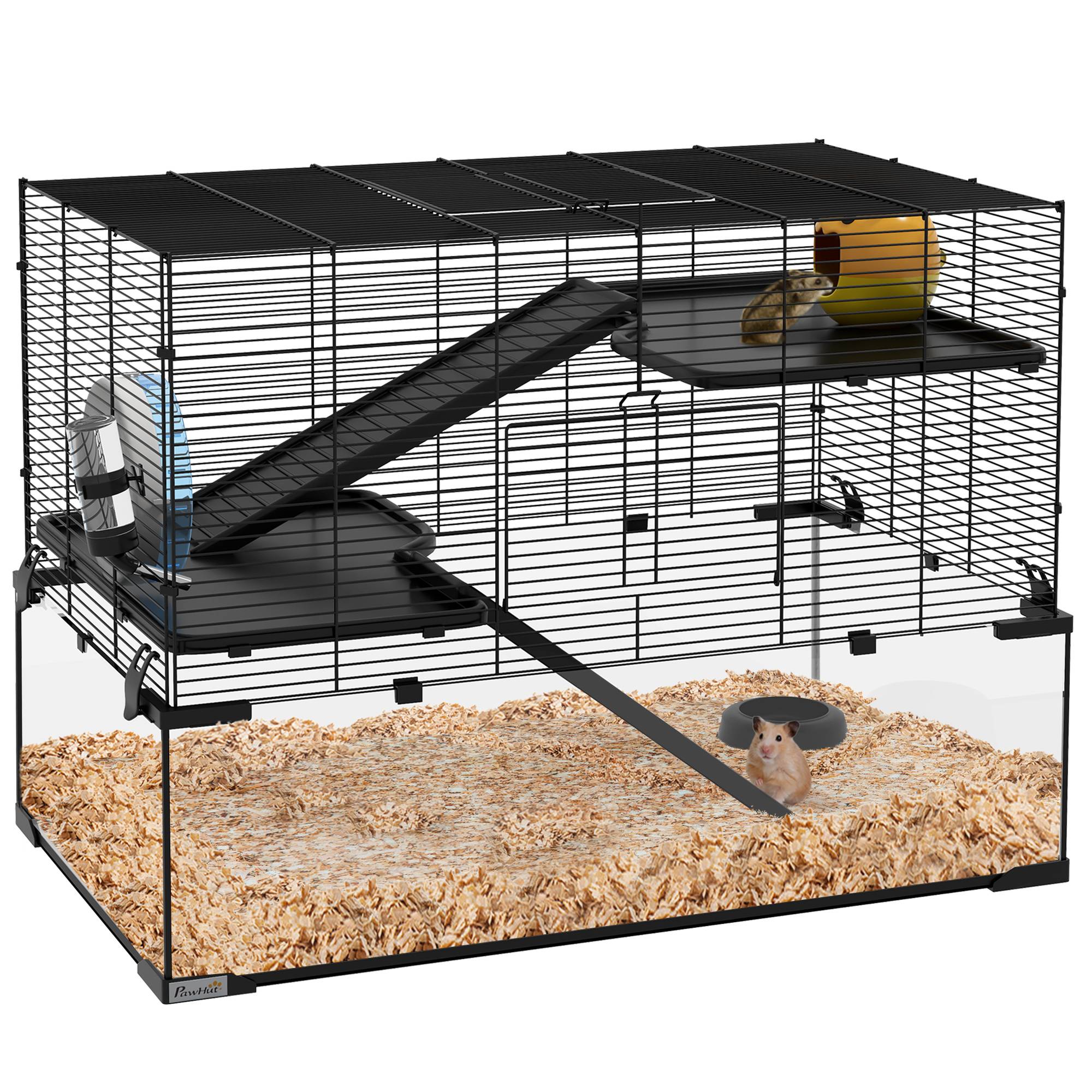 Cage hamster nain acier verre trempé 3 niveaux accessoires 76x48x54cm Noir - ComfortXL Outdoor Living - Image 1