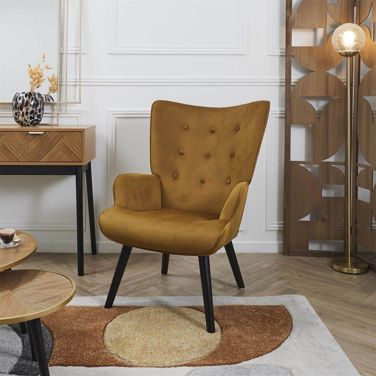 ALTOBUY - Fauteuil Tissu velours côtelé moutarde et piétement hévéa laqué noir - HAMZA - Image 2