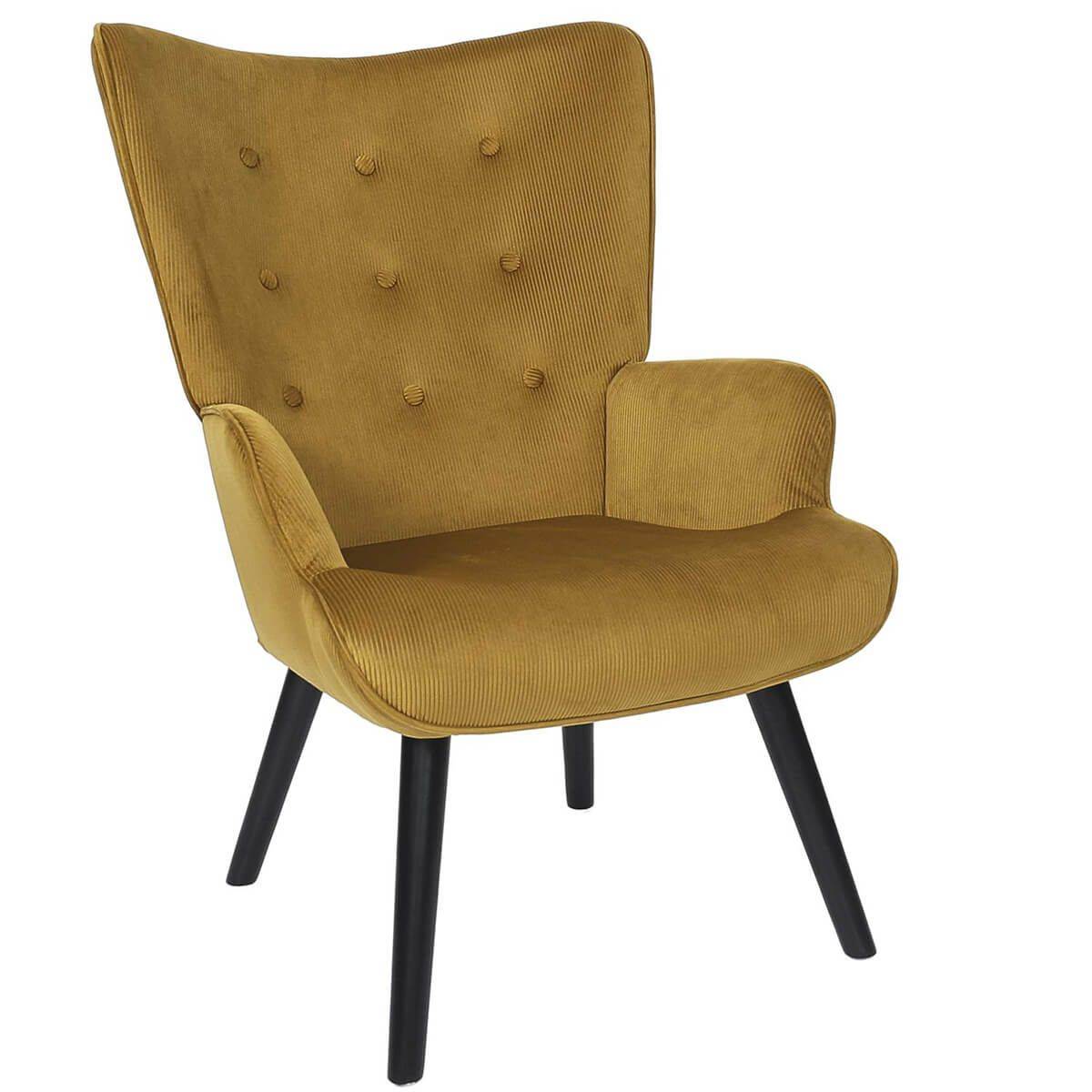 ALTOBUY - Fauteuil Tissu velours côtelé moutarde et piétement hévéa laqué noir - HAMZA - Image 1