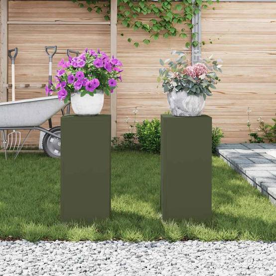 Lot de 2 Supports de pots hauts en Acier Durables et décoratifs pour Jardin et Balcon Vert Olive 24x24x55 cm – ComfortXL Outdoor Living - Image 4