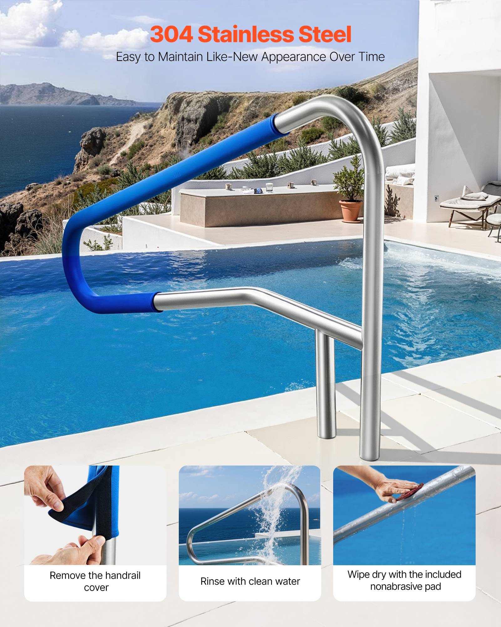 Vevor - VEVOR Rampe piscine 137x81 cm, main courante inox 304, capacité 100 kg, housse antidérapante, montage encastré ou sur socle. - Image 3