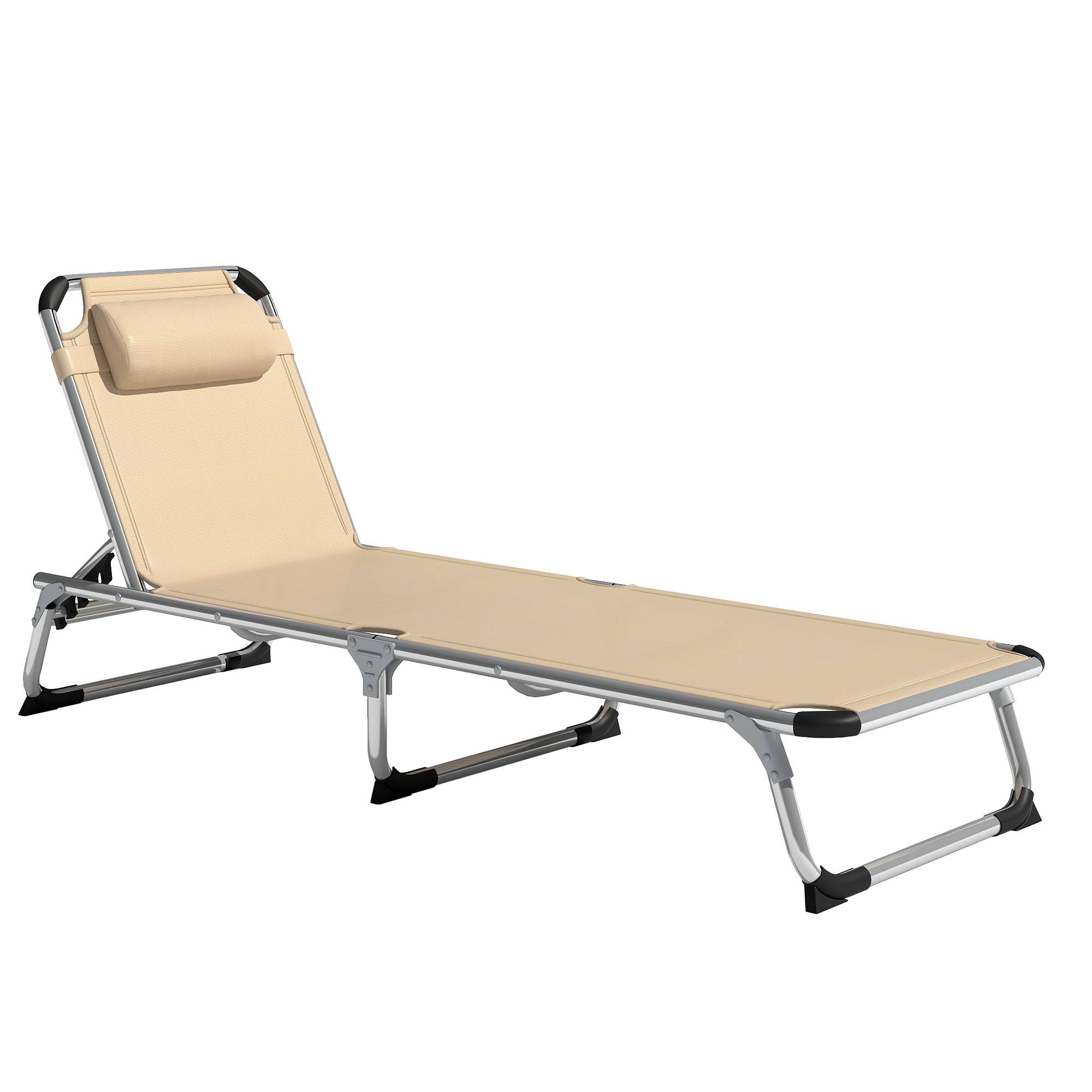 Sans Marque - Chaise longue pliante en aluminium avec appui-tête et dossier réglables, 60 x 165 x 76 cm, beige - Image 2