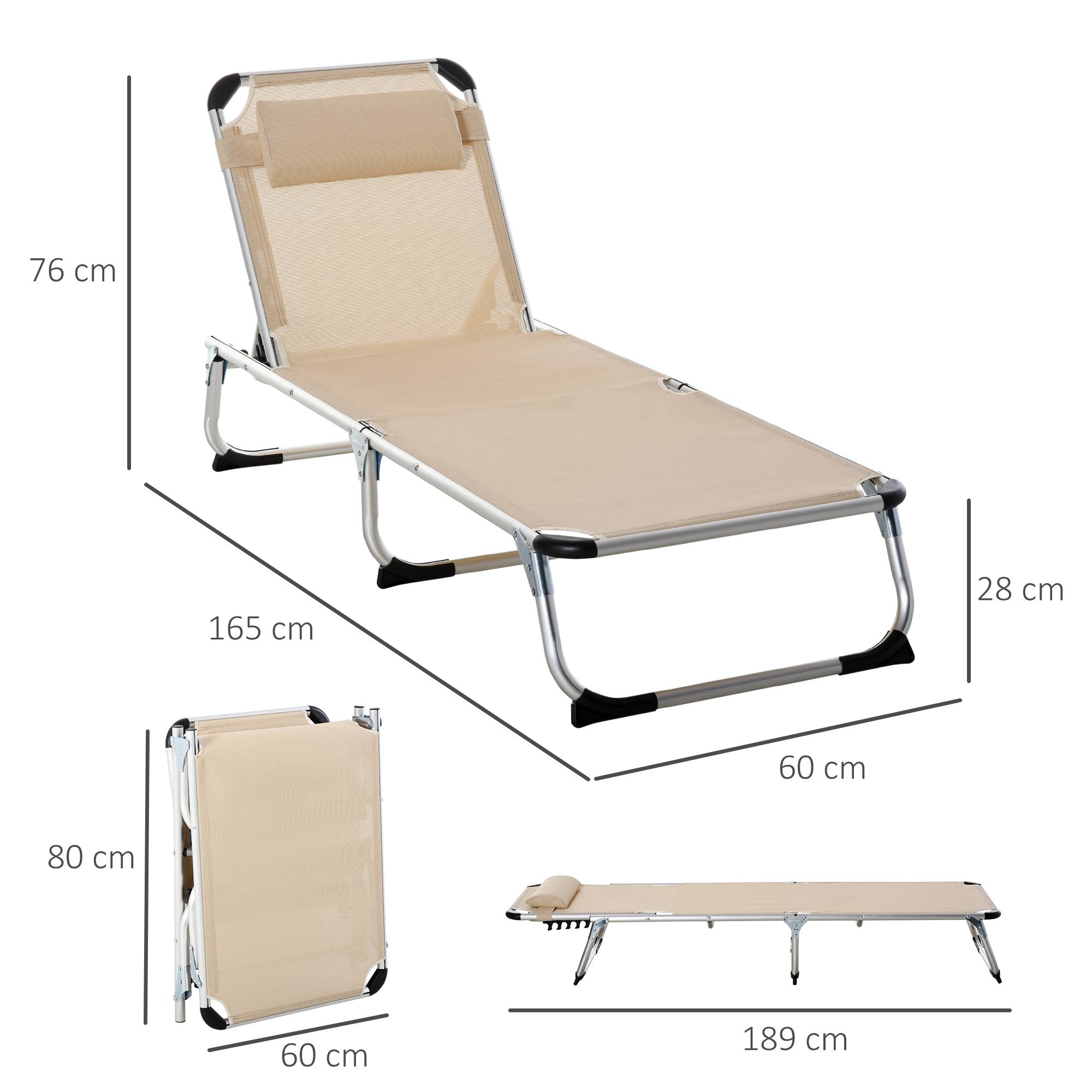 Sans Marque - Chaise longue pliante en aluminium avec appui-tête et dossier réglables, 60 x 165 x 76 cm, beige - Image 5