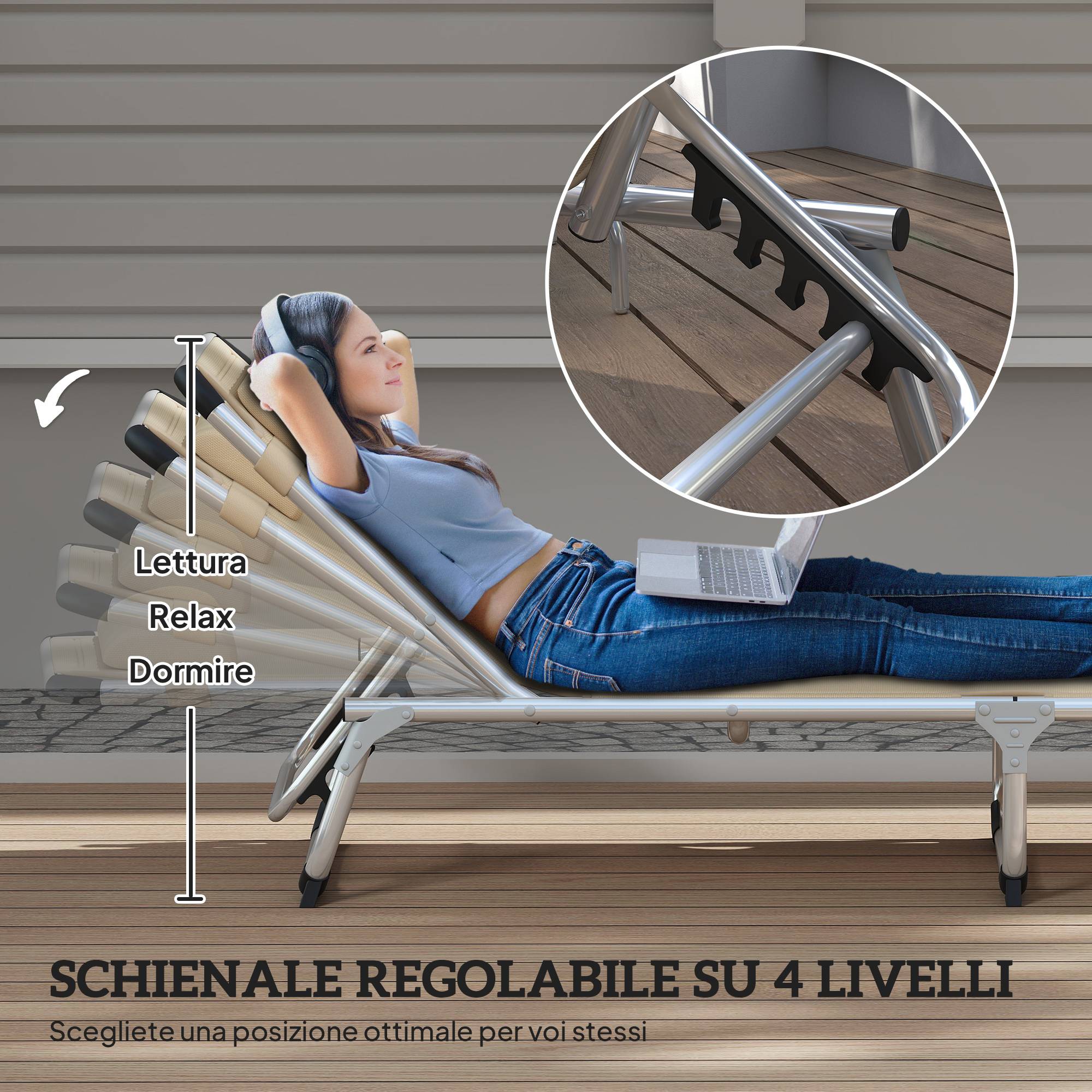 Sans Marque - Chaise longue pliante en aluminium avec appui-tête et dossier réglables, 60 x 165 x 76 cm, beige - Image 6