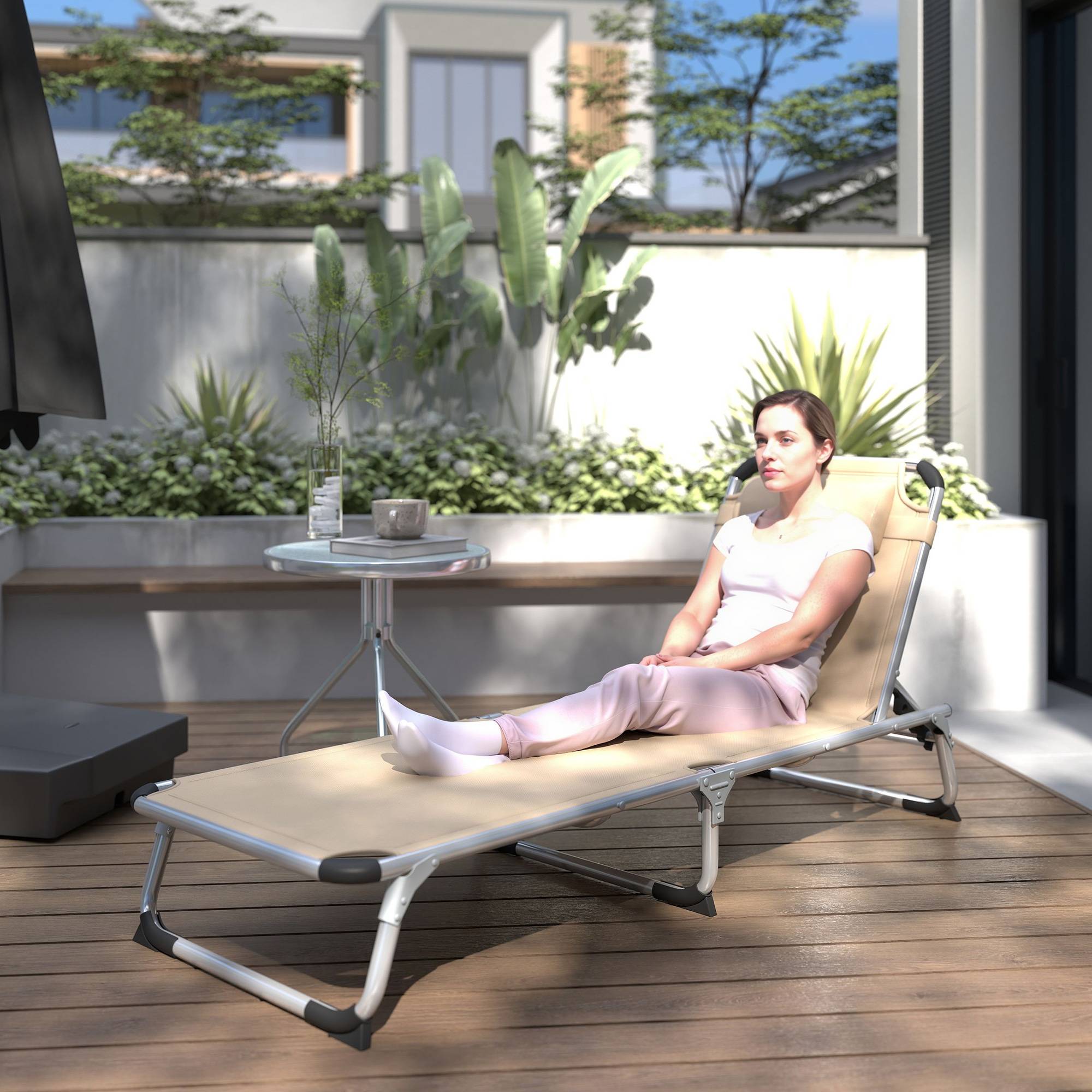 Sans Marque - Chaise longue pliante en aluminium avec appui-tête et dossier réglables, 60 x 165 x 76 cm, beige - Image 4