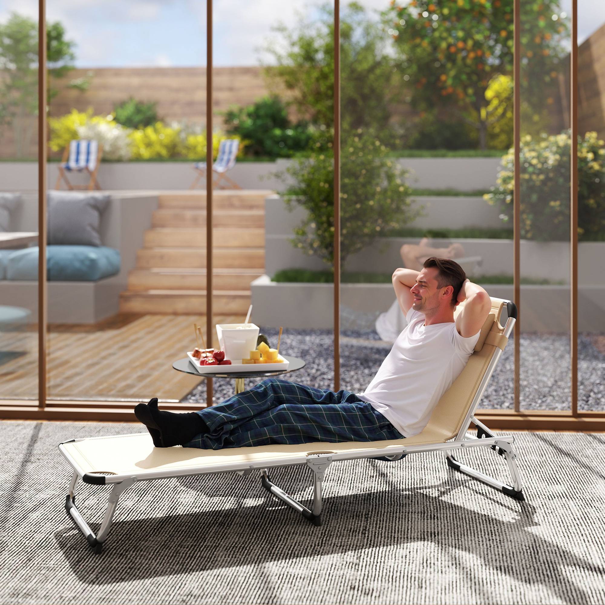 Sans Marque - Chaise longue pliante en aluminium avec appui-tête et dossier réglables, 60 x 165 x 76 cm, beige - Image 3