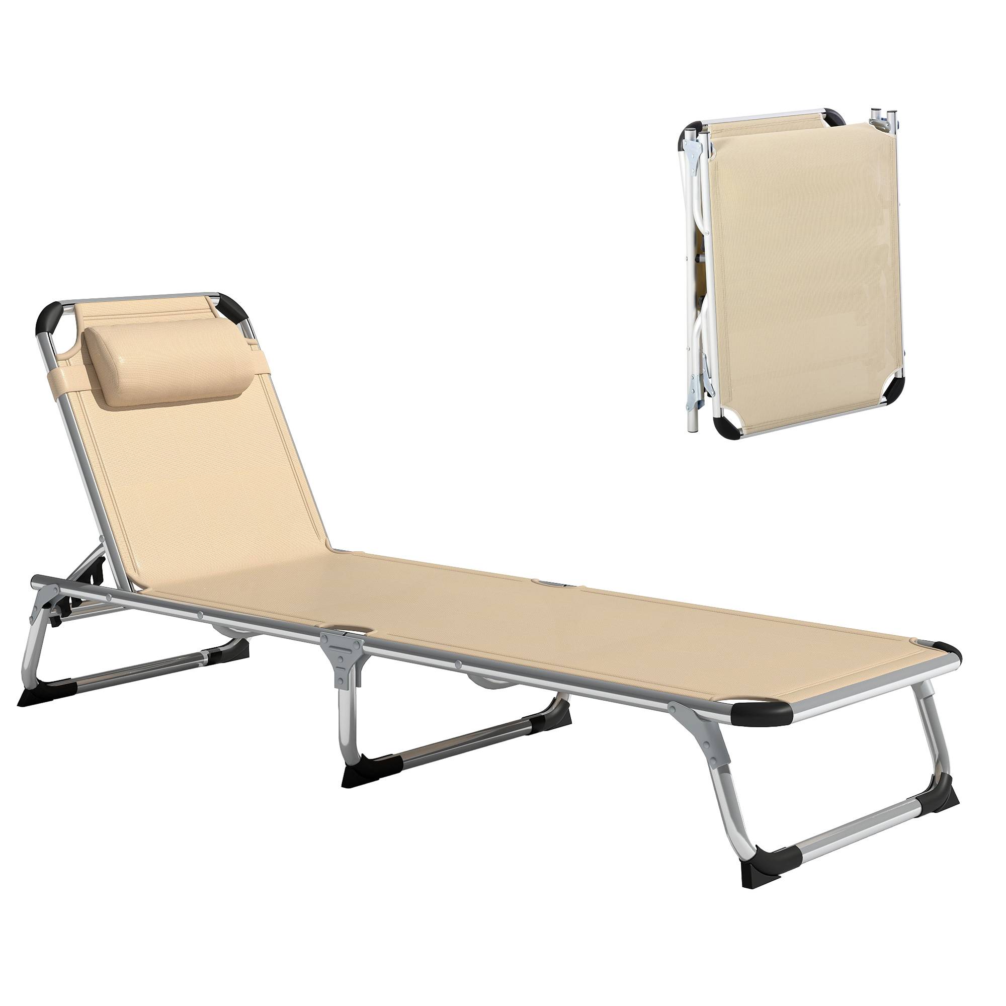 Sans Marque - Chaise longue pliante en aluminium avec appui-tête et dossier réglables, 60 x 165 x 76 cm, beige - Image 1