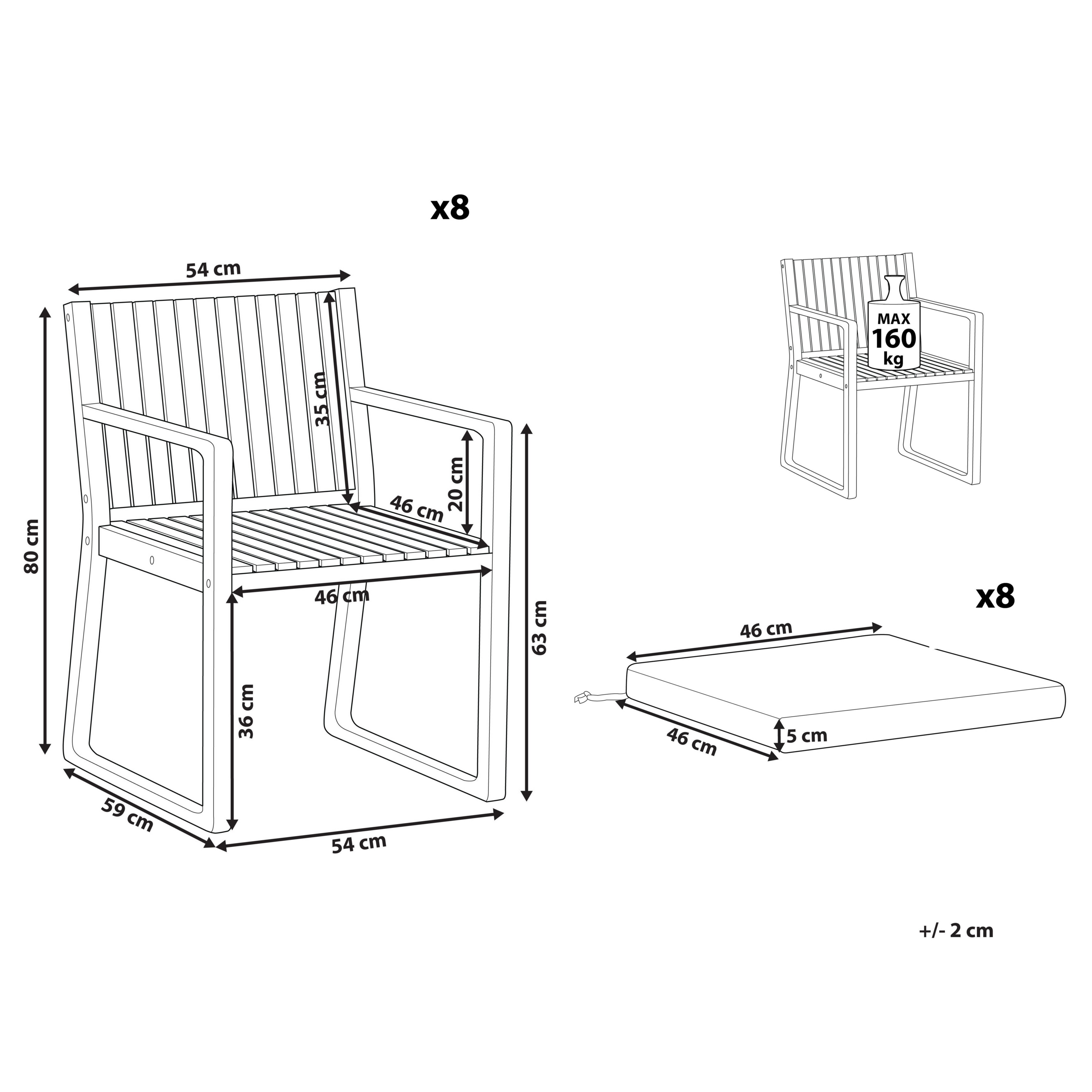 Beliani - Set 8 Chaises de Salle à Manger Extérieur en Bois d'Acacia Foncé avec Coussins Blanc Cassé Jardin Rustique - Imagen 3