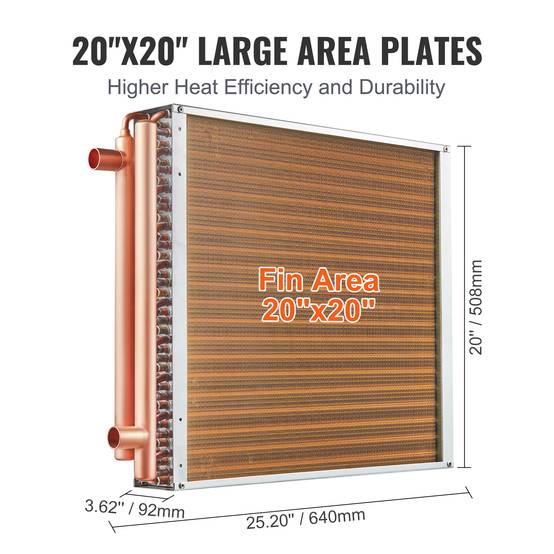 VEVOR Échangeur chaleur air-eau, 20x20 po, 3 rangées cuivre. Pour fournaise bois, chauffage. - Image 5