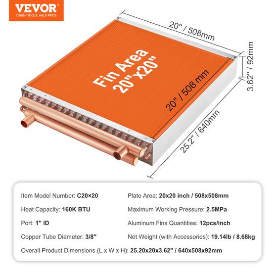 VEVOR Échangeur chaleur air-eau, 20x20 po, 3 rangées cuivre. Pour fournaise bois, chauffage. - Image 7