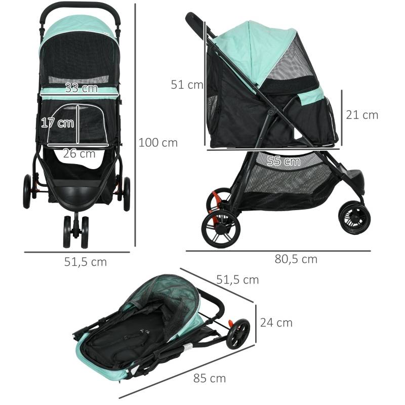 Poussette pour chien et chat pliable 80.50 x 51.50 x 100 cm acier et polyester bleu et vert - PANGIVO - Image 3