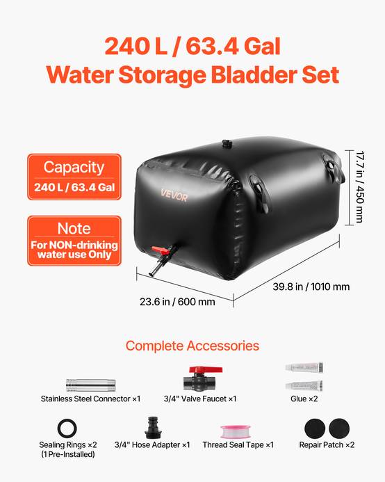VEVOR Réservoir d'Eau Souple Vessie de Stockage Eau Pliable en PVC 240 L Noir - Image 2