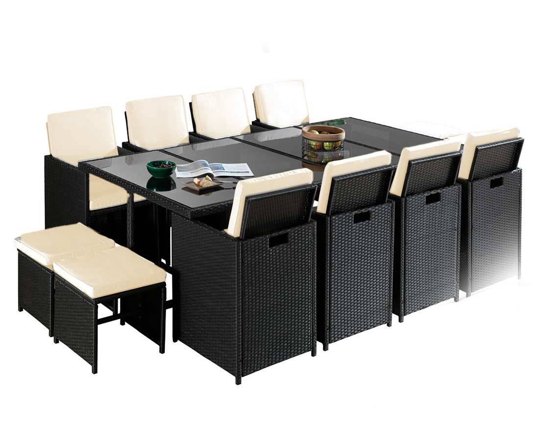 Best Mobilier - Fira - Salon de jardin encastrable 12 places - en résine tressée - Noir avec coussins beiges + housse de protection - Best Mobilier - Imagen 1