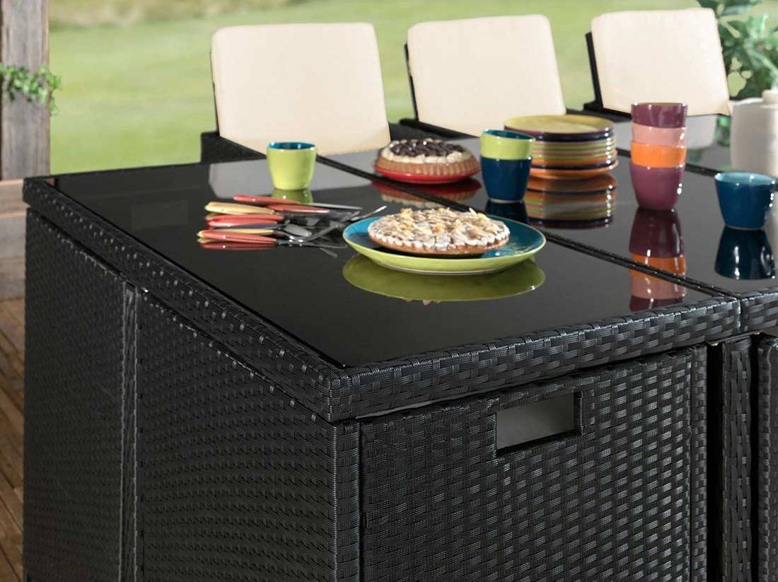 Best Mobilier - Fira - Salon de jardin encastrable 12 places - en résine tressée - Noir avec coussins beiges + housse de protection - Best Mobilier - Imagen 4