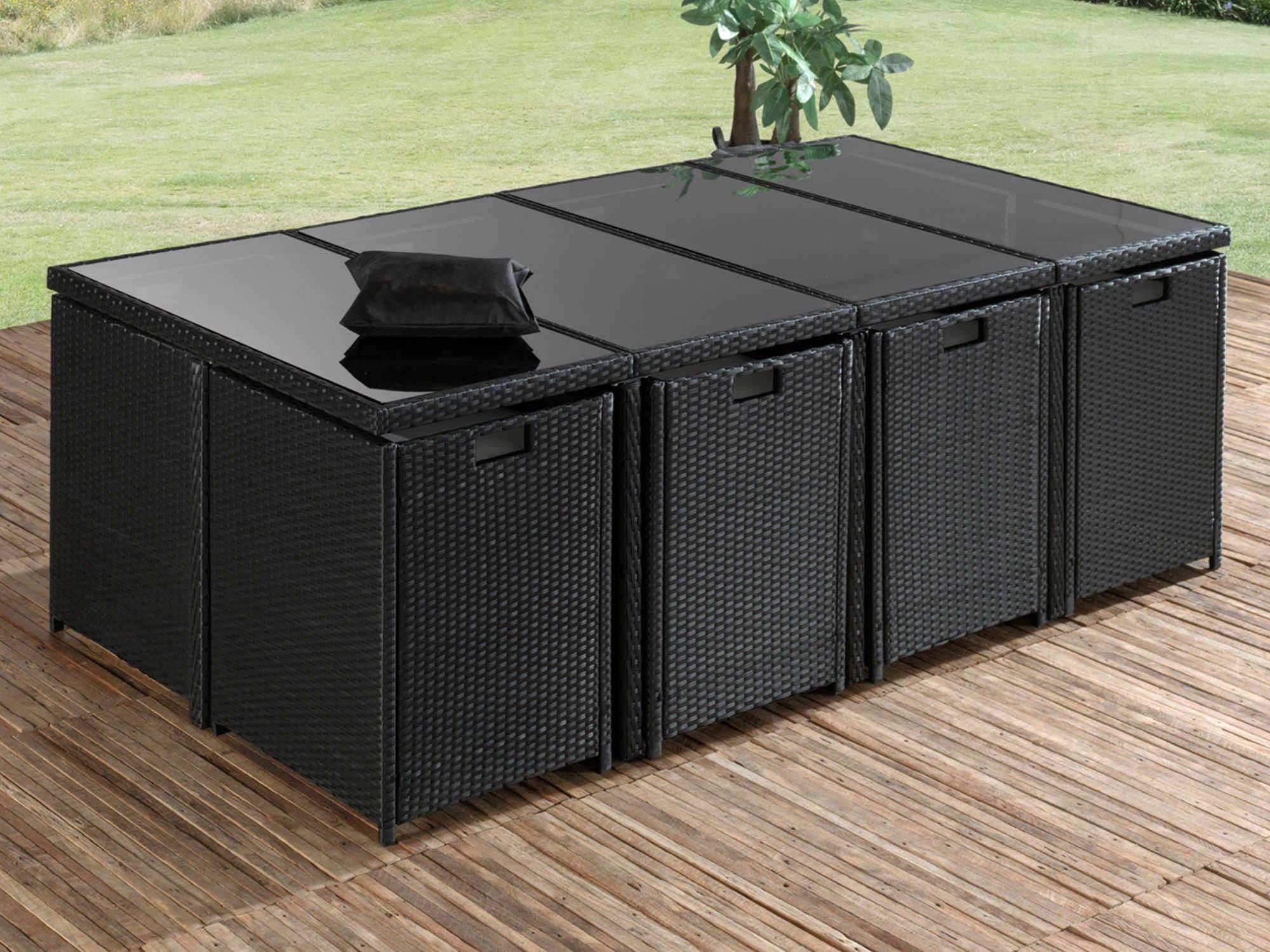 Best Mobilier - Fira - Salon de jardin encastrable 12 places - en résine tressée - Noir avec coussins beiges + housse de protection - Best Mobilier - Imagen 6