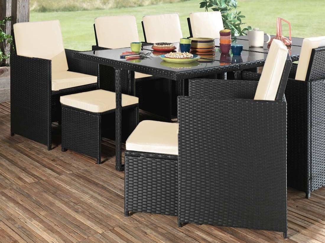 Best Mobilier - Fira - Salon de jardin encastrable 12 places - en résine tressée - Noir avec coussins beiges + housse de protection - Best Mobilier - Imagen 3