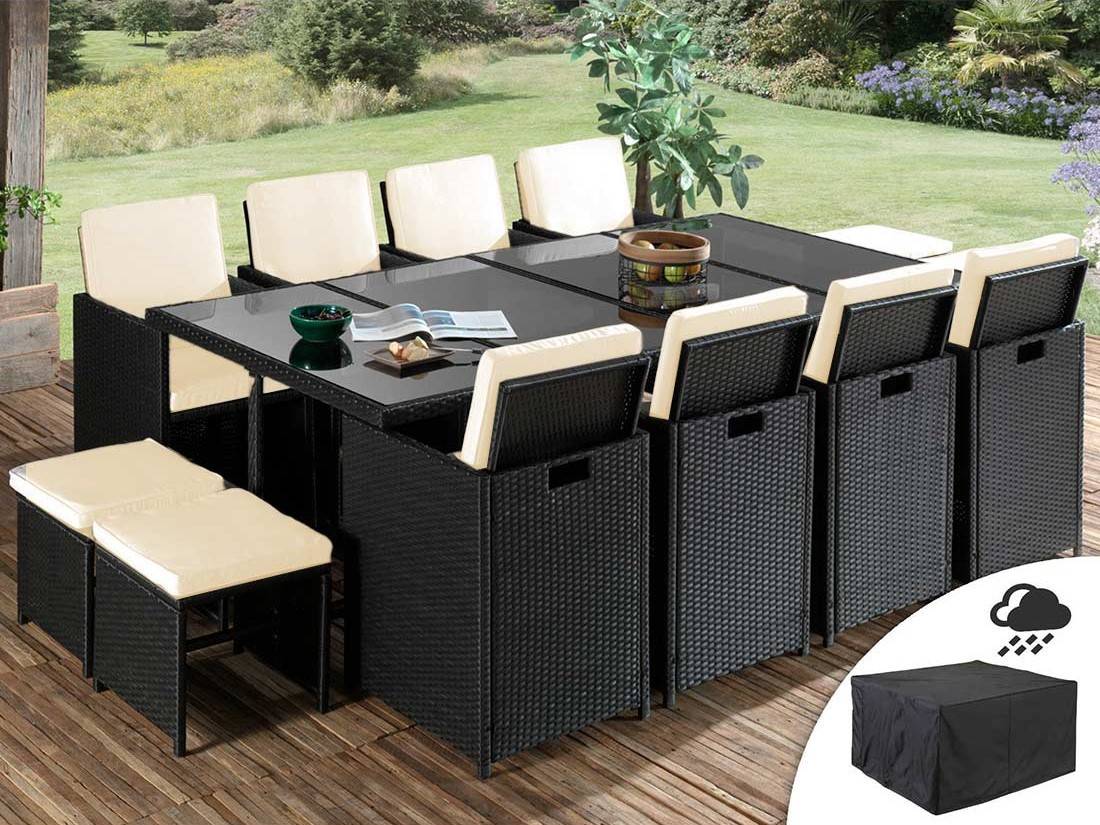 Best Mobilier - Fira - Salon de jardin encastrable 12 places - en résine tressée - Noir avec coussins beiges + housse de protection - Best Mobilier - Imagen 2