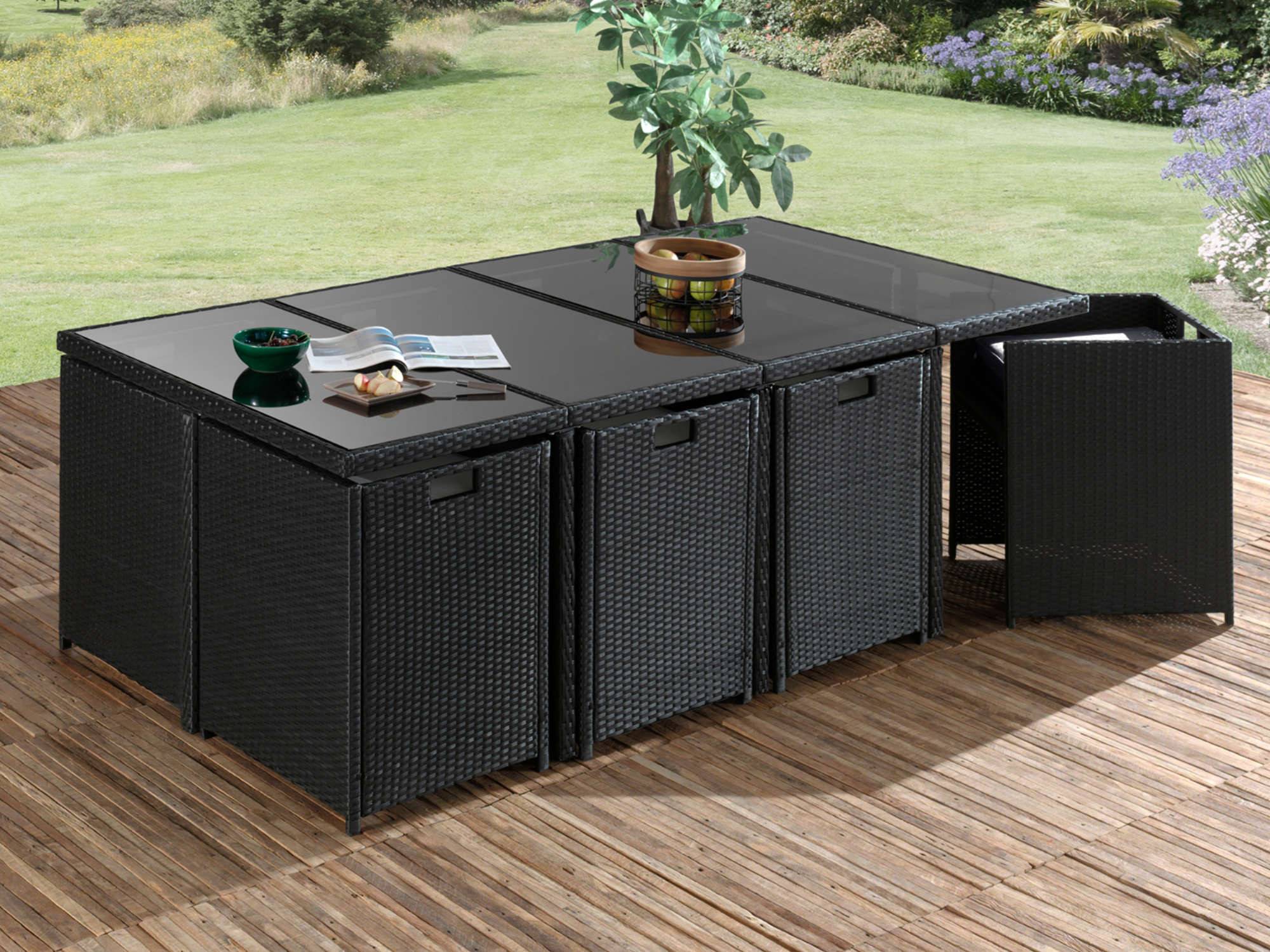 Best Mobilier - Fira - Salon de jardin encastrable 12 places - en résine tressée - Noir avec coussins beiges + housse de protection - Best Mobilier - Imagen 7