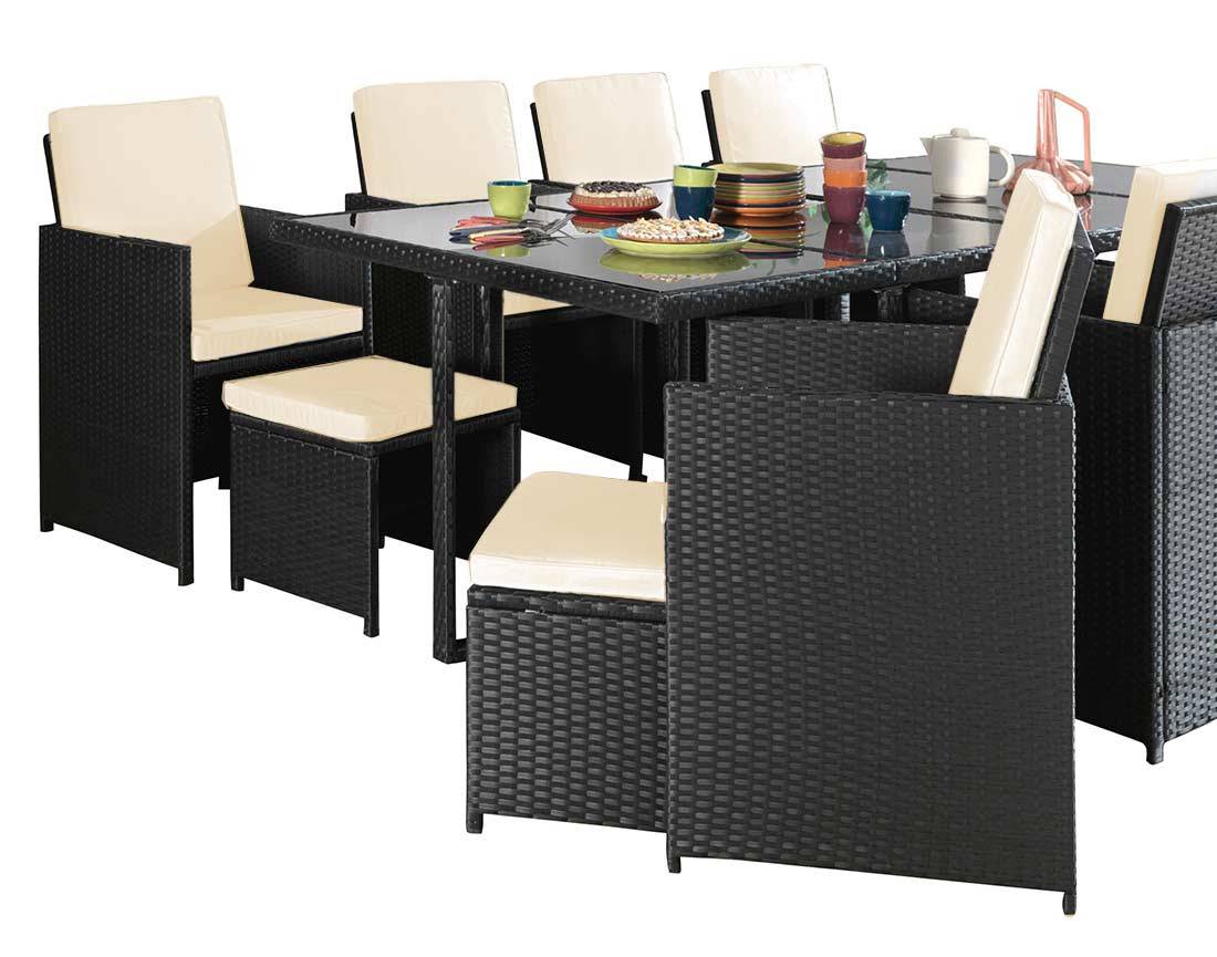Best Mobilier - Fira - Salon de jardin encastrable 12 places - en résine tressée - Noir avec coussins beiges + housse de protection - Best Mobilier - Imagen 8