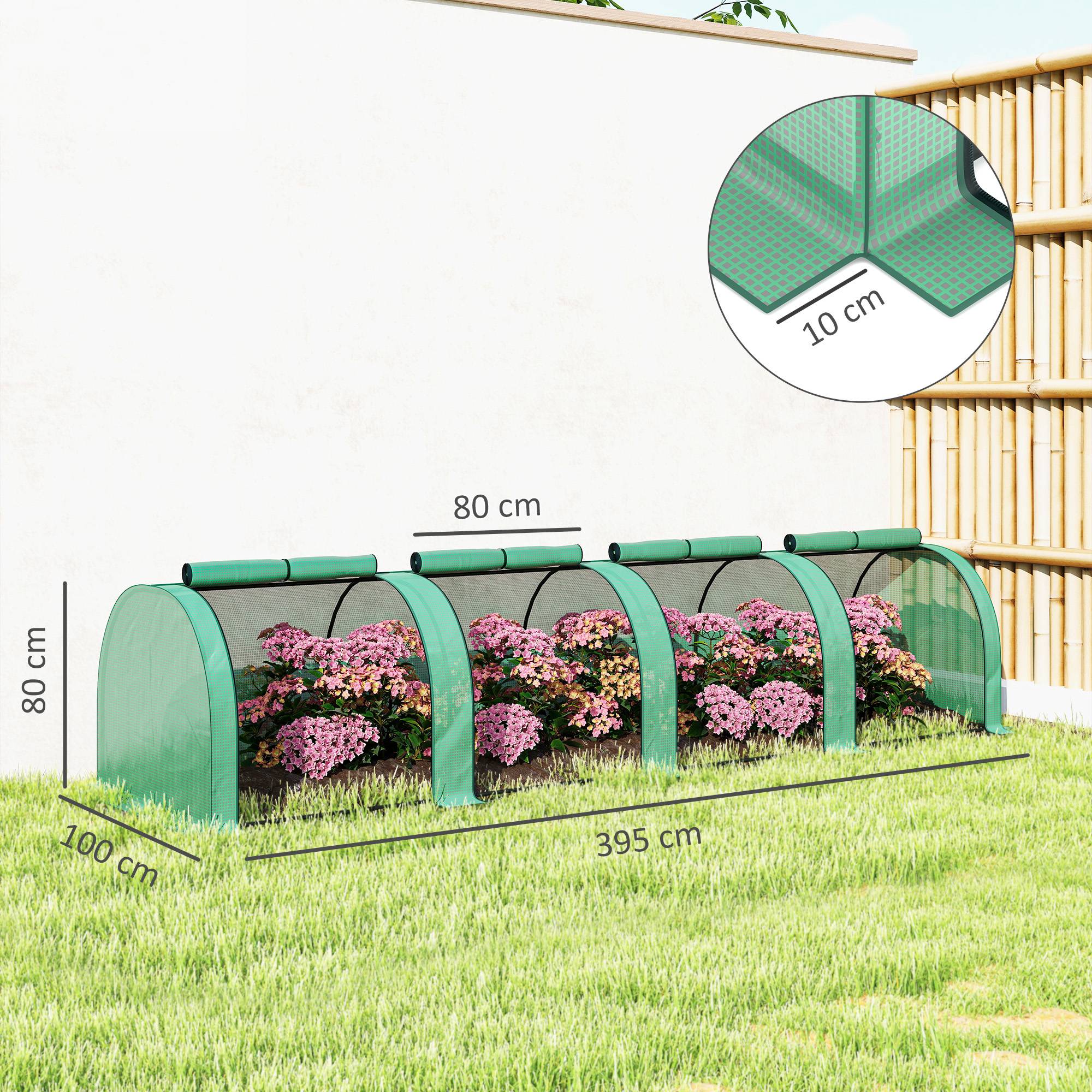 ComfortXL - Serre tunnel acier 395 x 100 x 80 cm verte pour jardin balcon terrasse avec 4 ouvertures zippées et bâche PE - Image 3