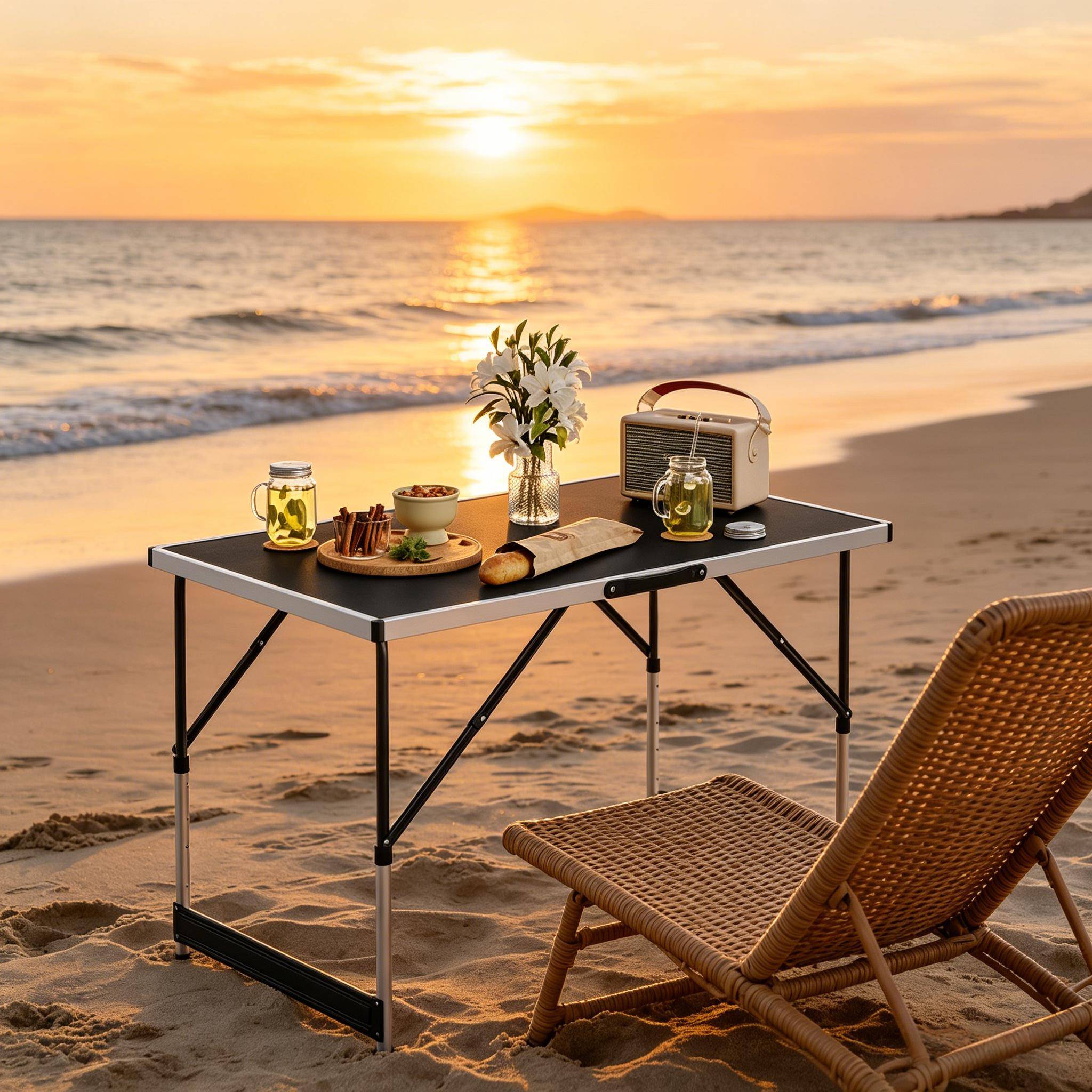 Table de camping pliante aluminium jardin balcon réglable en hauteur 100x60cm noir - ComfortXL Outdoor Living - Image 1