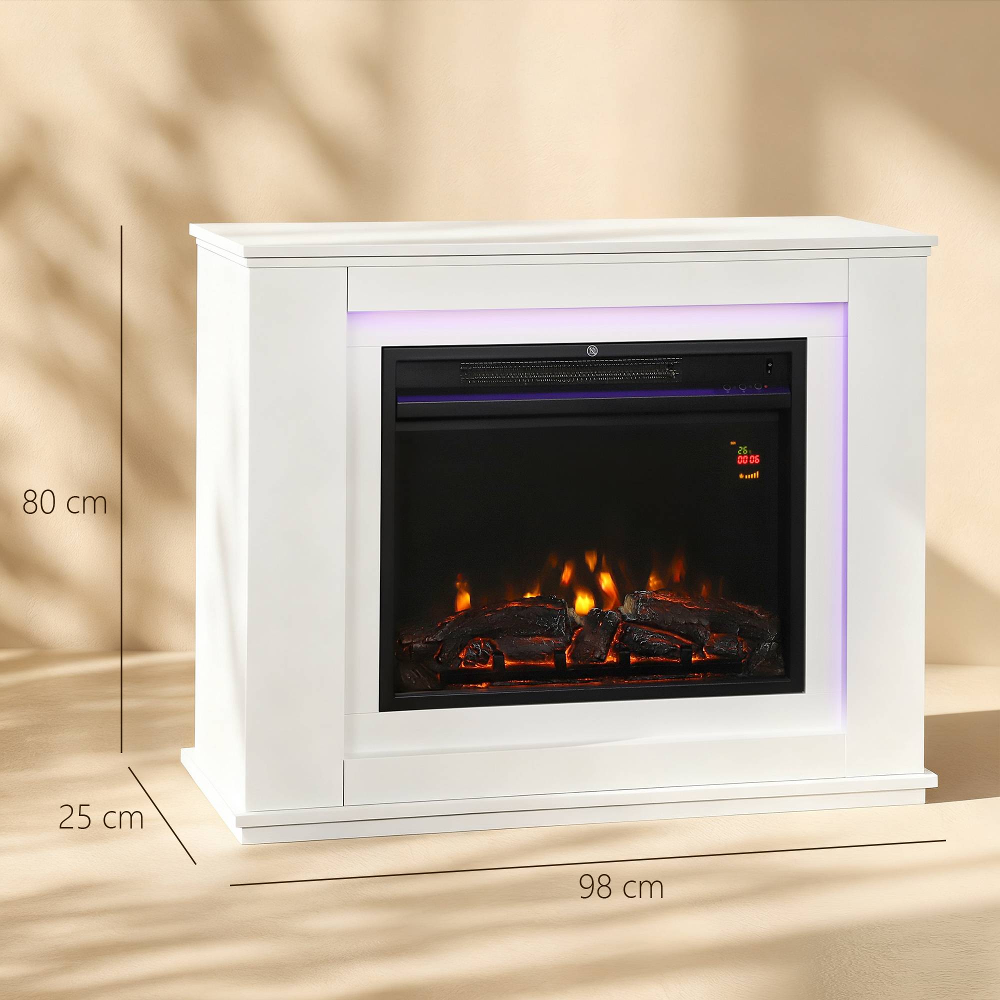 Cheminée électrique 1000W/2000W fausse cheminée effet flamme à 12 couleurs et 5 luminosités réglables 98x25x80cm blanc - Image 5