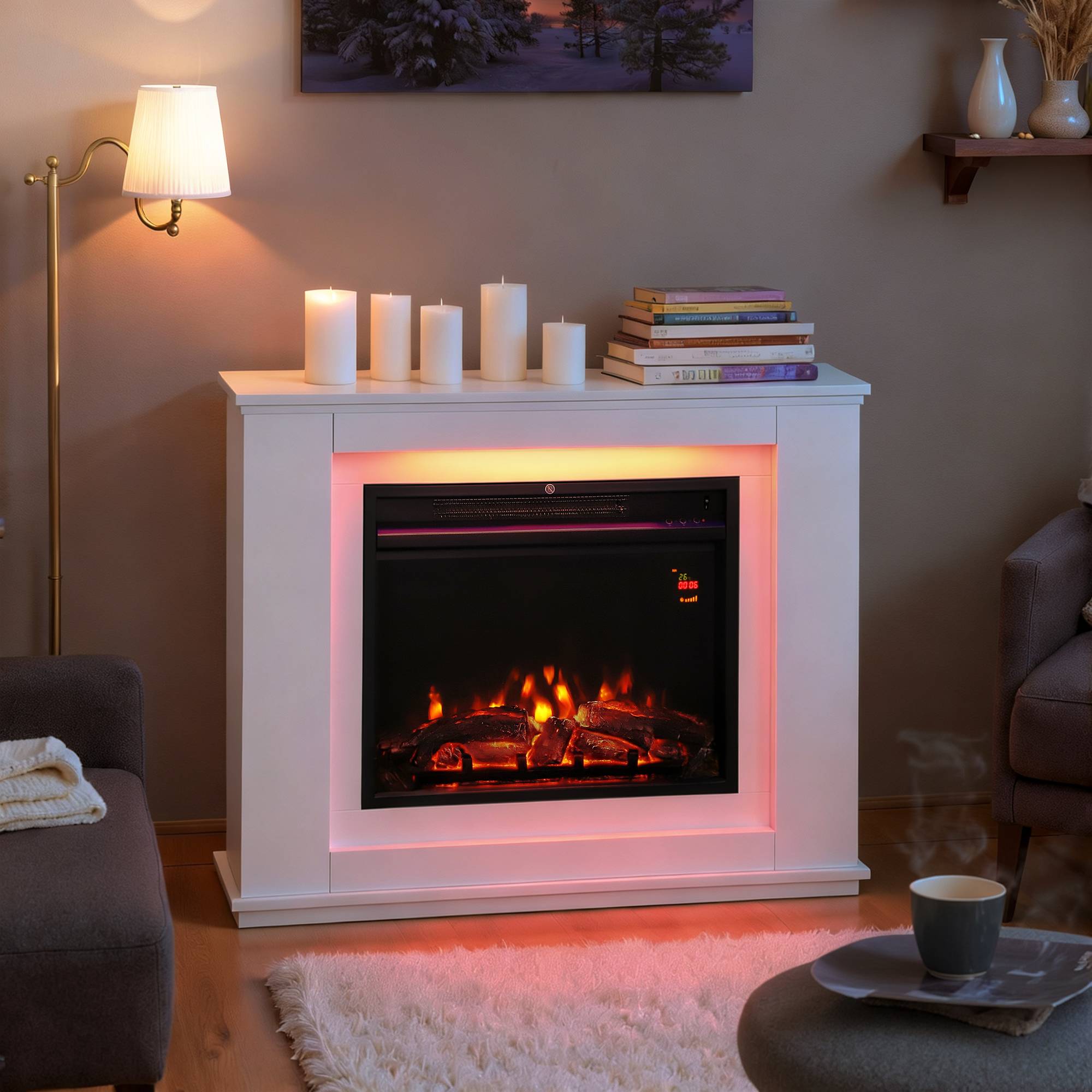 Cheminée électrique 1000W/2000W fausse cheminée effet flamme à 12 couleurs et 5 luminosités réglables 98x25x80cm blanc - Image 3