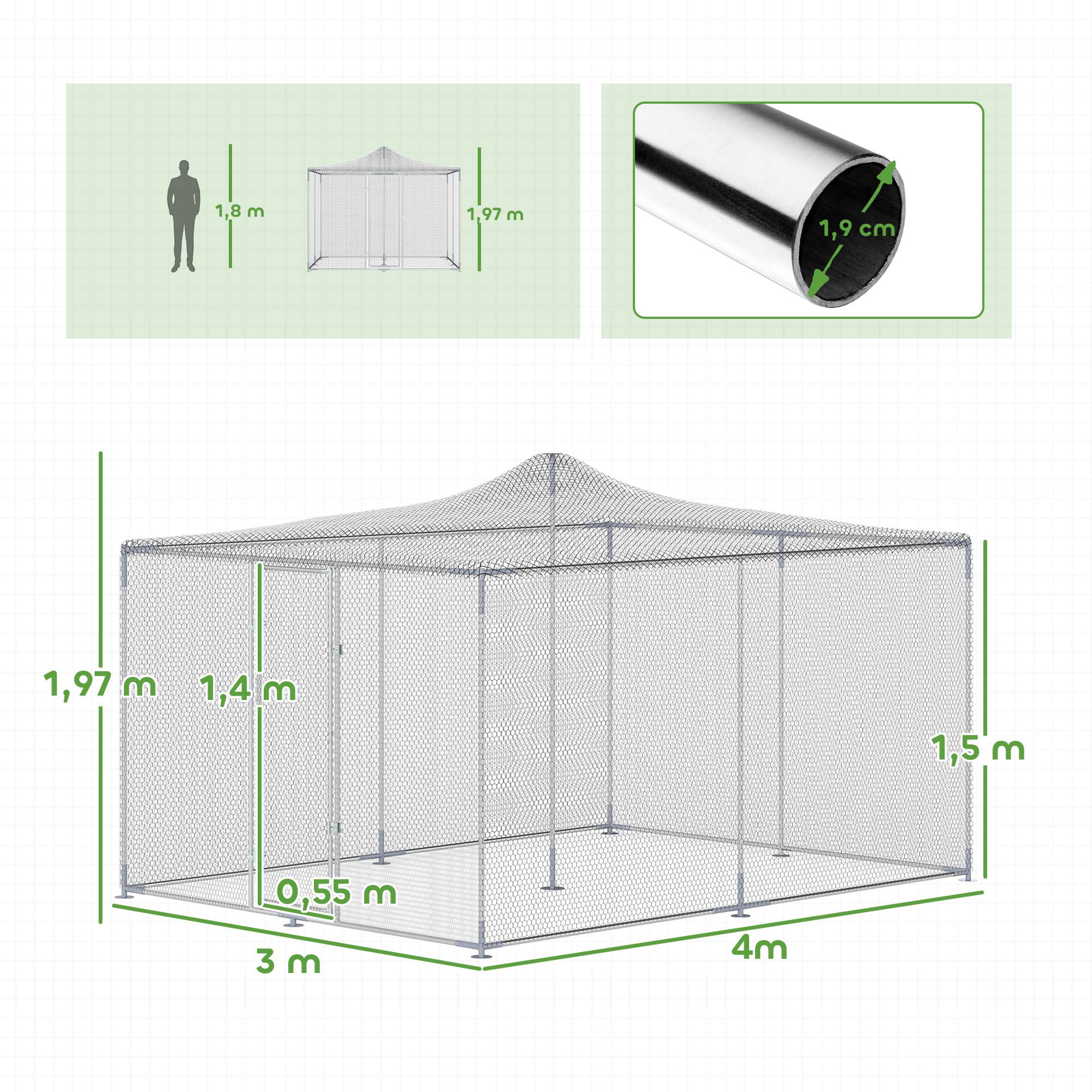 Grand poulailler extérieur 12m² 4x3x1,97m, acier galvanisé, porte double fermeture argent - Image 5