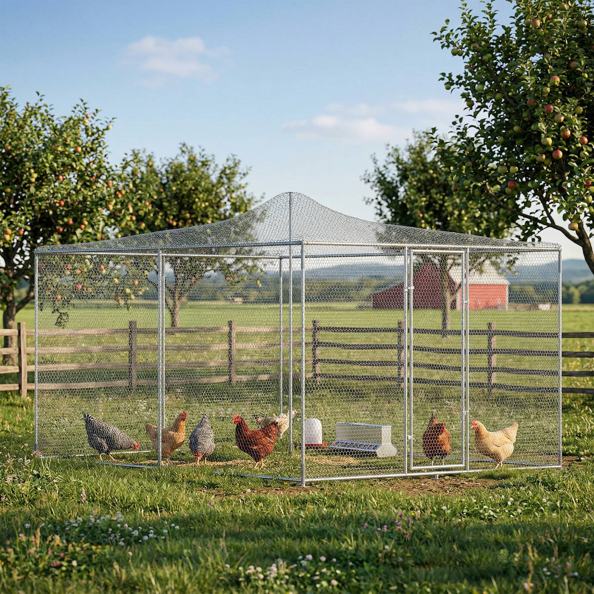 Grand poulailler extérieur 12m² 4x3x1,97m, acier galvanisé, porte double fermeture argent - Image 4