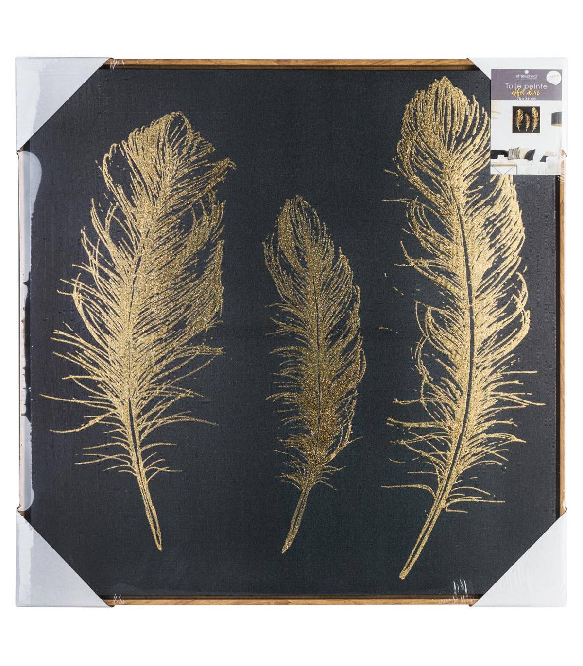 Toile peinte avec plumes dorées et cadre effet bois 78 x 78 cm - Imagen 2