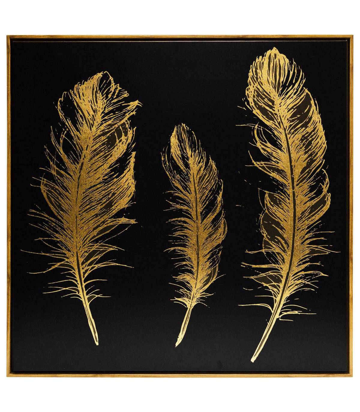 Toile peinte avec plumes dorées et cadre effet bois 78 x 78 cm - Imagen 1