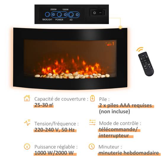 Cheminée électrique murale 1000/2000 W, éclairages latéraux LED, affichage LED, luminosité réglable, télécommande, minuterie, noire - Image 7