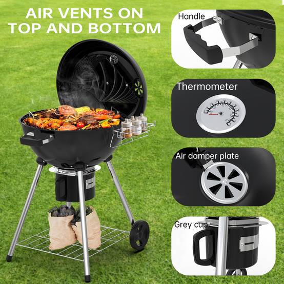 Ronde Barbecue Charbon de Bois 57 cm avec Couvercle, Idéal pour 4 à 12 Personnes - Image 3