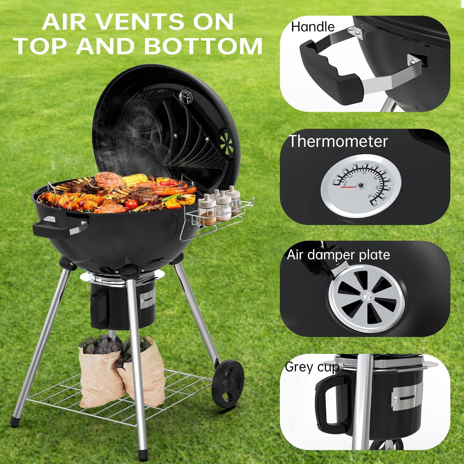 Ronde Barbecue Charbon de Bois 57 cm avec Couvercle, Idéal pour 4 à 12 Personnes - Image 3