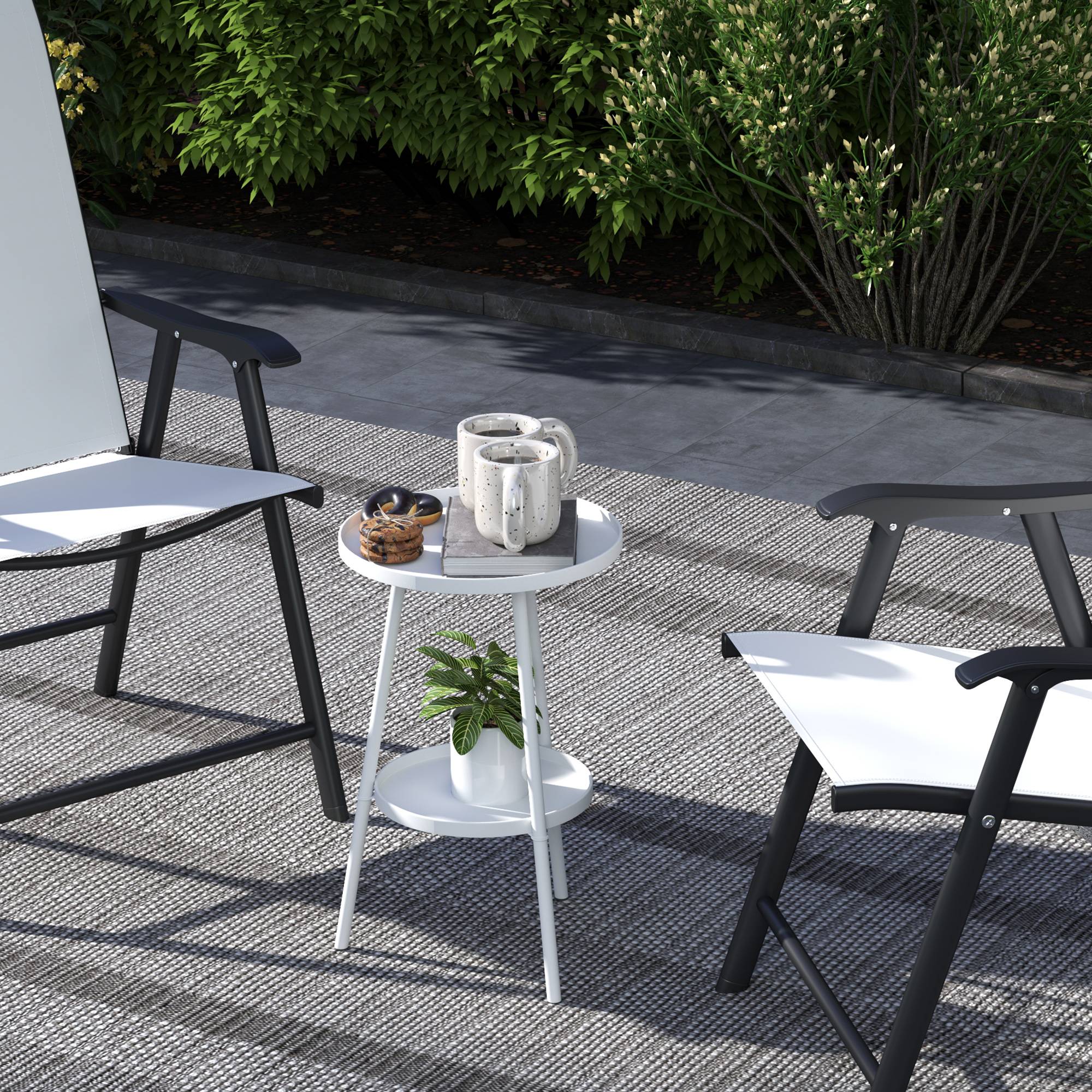 Table de jardin ronde 2 niveaux avec bords surélevés et plateau inférieur, extérieur intérieur Ø32x51 cm blanc - Image 10