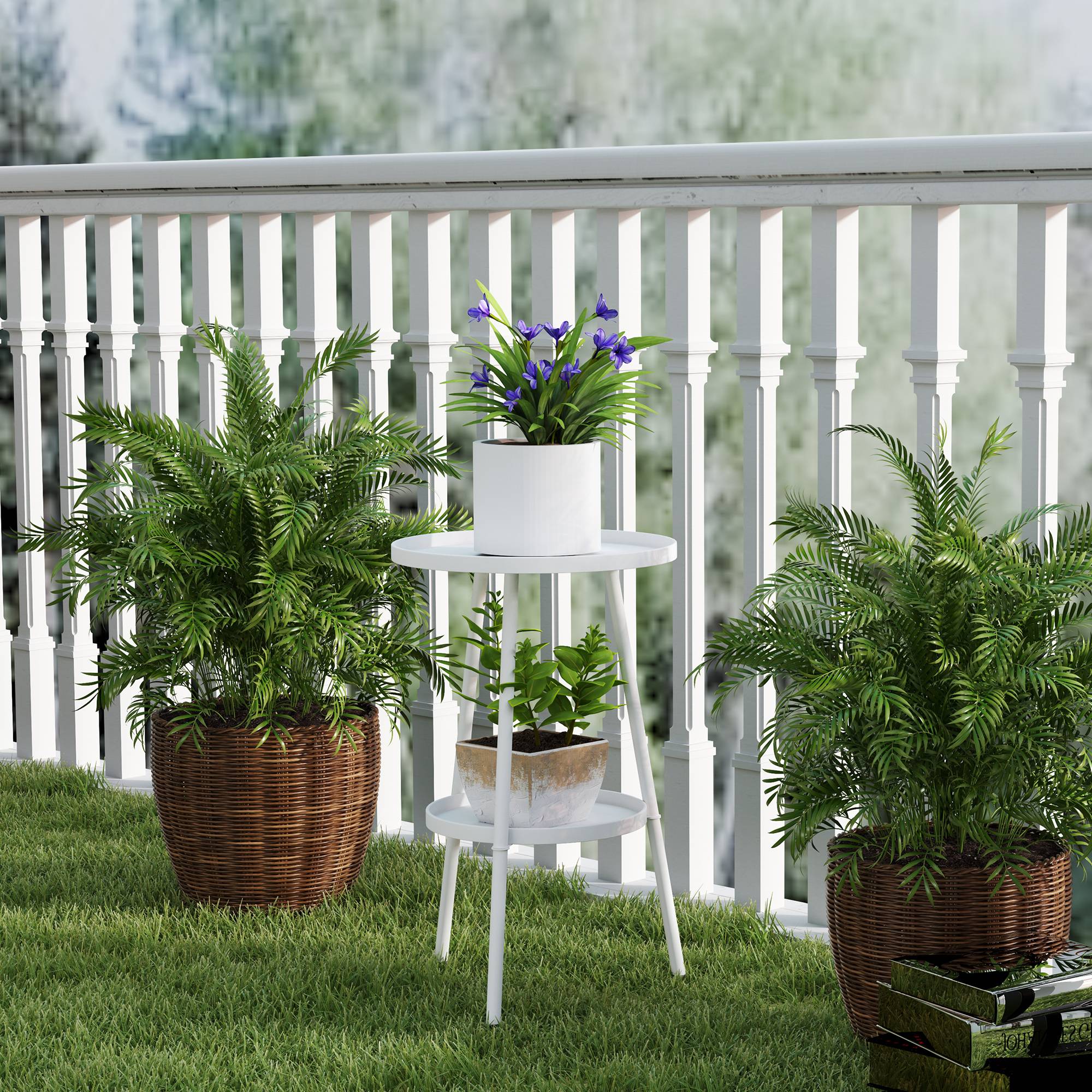 Table de jardin ronde 2 niveaux avec bords surélevés et plateau inférieur, extérieur intérieur Ø32x51 cm blanc - Image 9