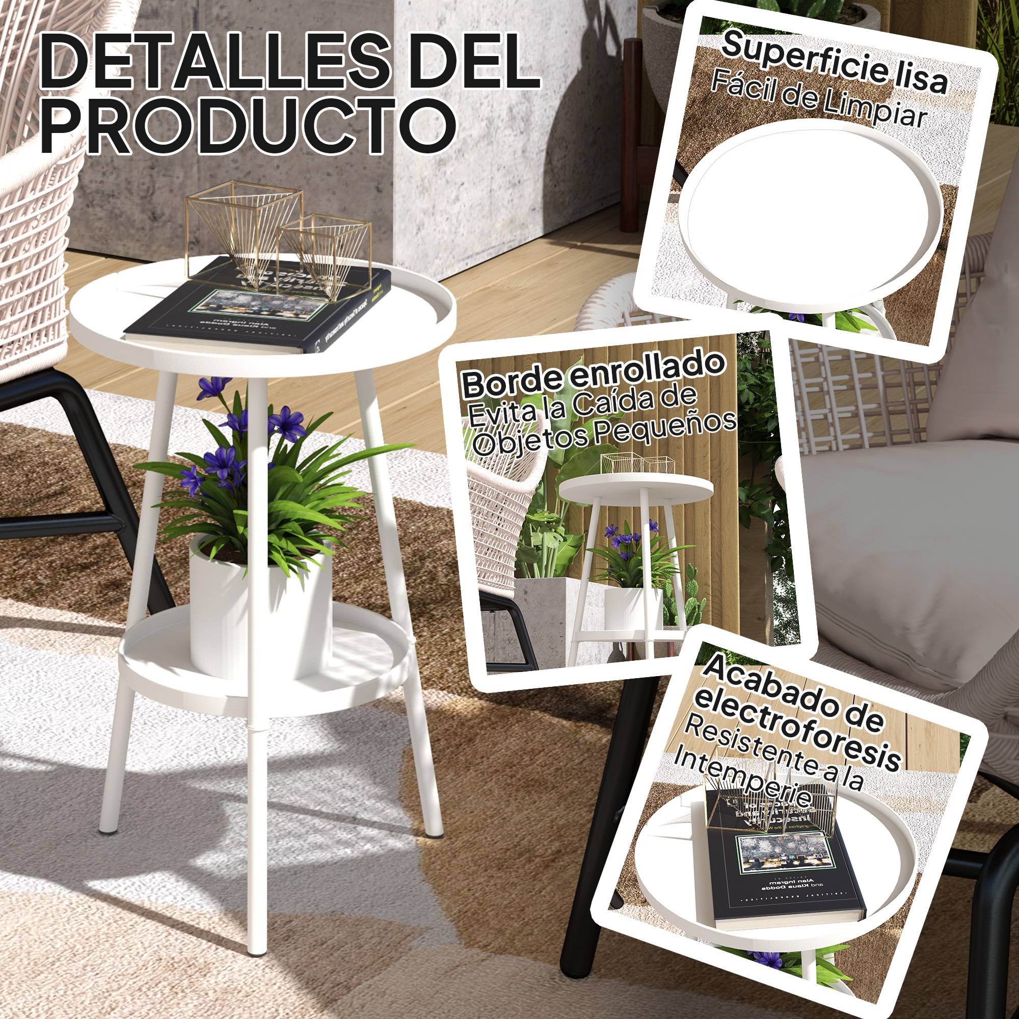 Table de jardin ronde 2 niveaux avec bords surélevés et plateau inférieur, extérieur intérieur Ø32x51 cm blanc - Image 7