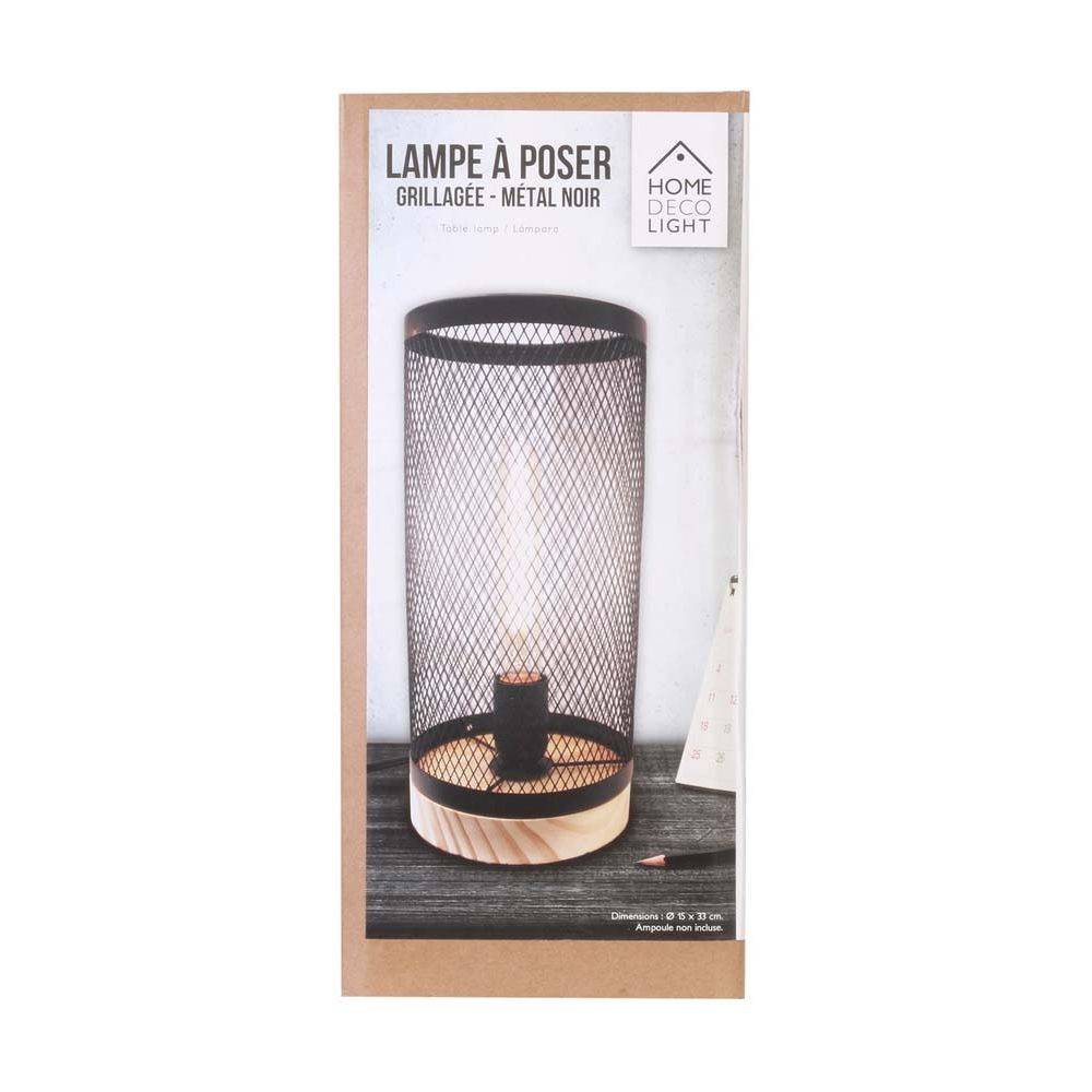 The Home Deco Light - Lampe cylindrique métal grillagé socle en bois Noir - Image 2